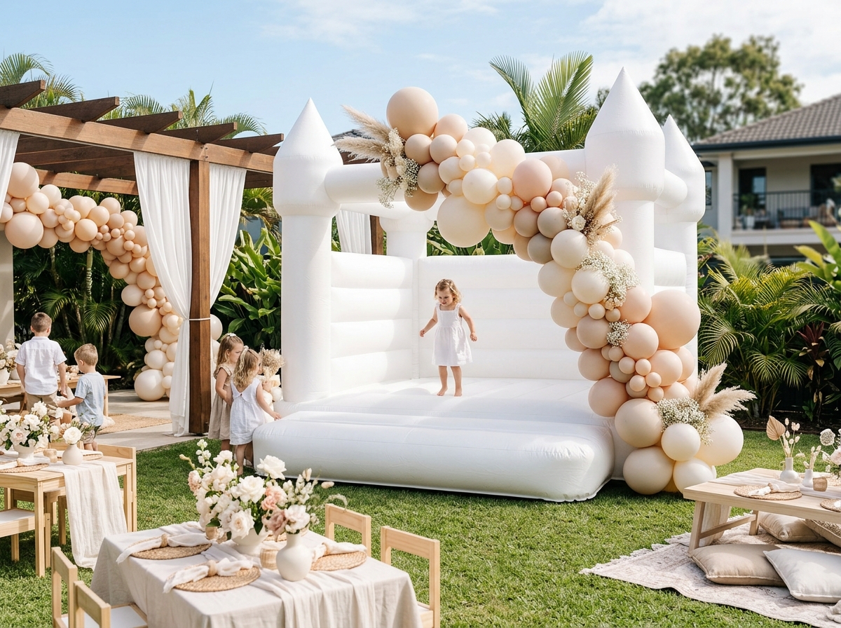 Neutral balloon garland add-on with white inflatable hire
