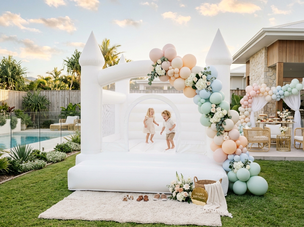 Premium white castle party setup with luxe styling